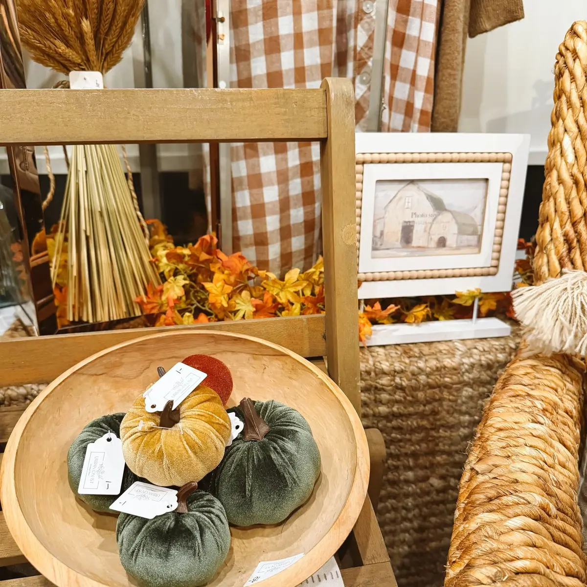 Velvet pumpkins in a turned wood bowl